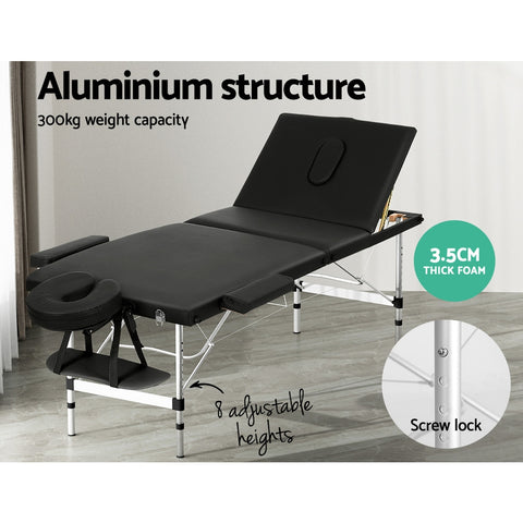 Zenses Massage Table 65CM Width 3 Fold Aluminium Portable Beauty Bed Black