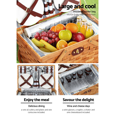 Alfresco Picnic Basket Set Wooden Cooler Bag 4 Person Outdoor Insulated Liquor