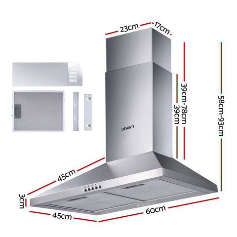 Devanti RangeHood 60cm 600mm Kitchen Canopy Stainless Steel Rangehood Wall Mount