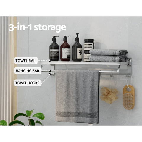 Towel Rail Rack Holder 4 Bars Wall Mounted Aluminium Foldable Hanging Hook