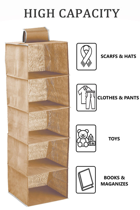 3 Pack 5-Tier Shelf Hanging Closet Organizer and Storage for Clothes (Beige)