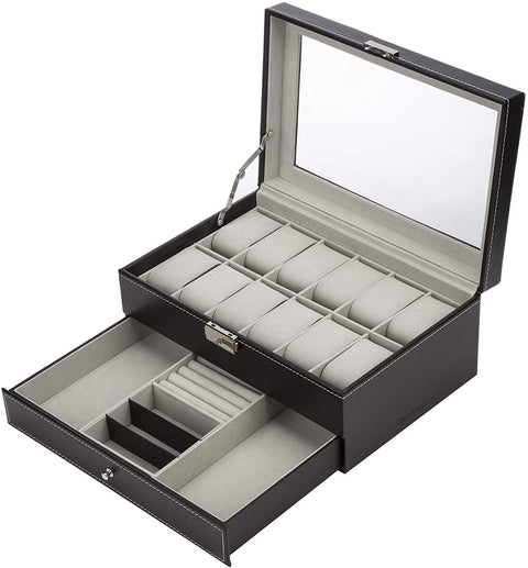 Black Leather Watch Box Jewelry Display Case with Drawers (12 Slots with 2 Layers)