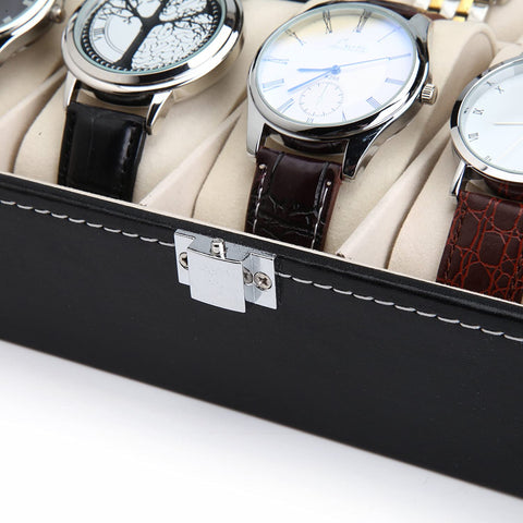 Black PU Leather Watch Organizer Display Storage Box Cases for Men & Women (10 slots)