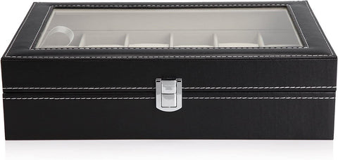 Black PU Leather Watch Organizer Display Storage Box Cases for Men & Women (12 slots)