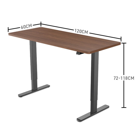 FORTIA Sit Stand Standing Desk, 120x60cm, 72-118cm Height Adjustable, 70kg Load, Walnut style/Black Frame