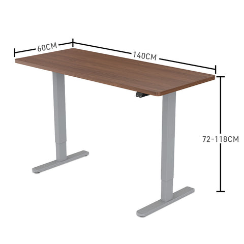 FORTIA Sit Stand Standing Desk, 140x60cm, 72-118cm Height Adjustable, 70kg Load, Walnut style/Silver Frame