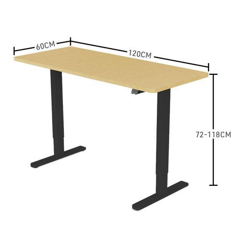 FORTIA Sit Stand Standing Desk, 120x60cm, 72-118cm Height Adjustable, 70kg Load, White Oak style/Black Frame