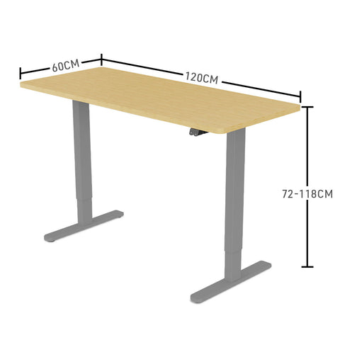 FORTIA Sit Stand Standing Desk, 120x60cm, 72-118cm Height Adjustable, 70kg Load, White Oak style/Silver Frame