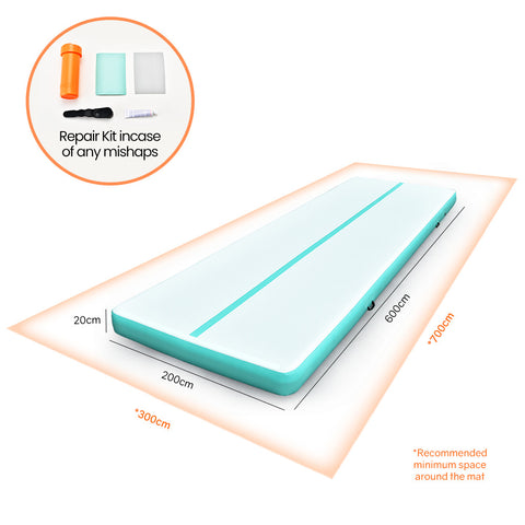 PROFLEX 600x200x20cm Inflatable Air Track Mat Tumbling Gymnastics, Mint Green & Grey (No Pump)