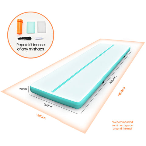 PROFLEX 800x100x20cm Inflatable Air Track Mat Tumbling Gymnastics, Mint Green & Grey (No Pump)