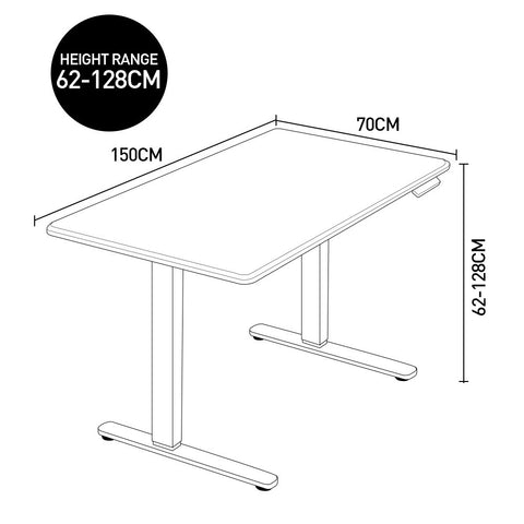 FORTIA Standing Desk, 150x70cm, 62-128cm Height, 2 Motors, 120KG Load, Black/Black Frame