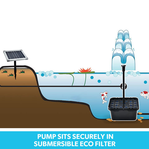 PROTEGE 5W Solar Powered Water Fountain Pump Pond Kit with Eco Filter Box