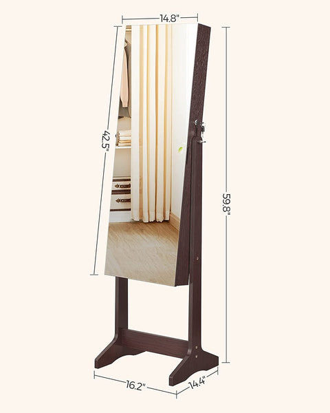 SONGMICS Jewelry Cabinet Armoire with Full-Length Frameless Mirror Brown JJC002K01