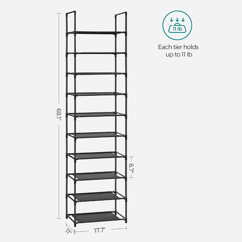 SONGMICS 10 Tier Metal Shoe Rack Non-Woven Fabric Shelves Black LSH010B02