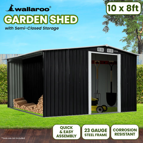 Wallaroo Garden Shed with Semi-Closed Storage 10*8FT - Black