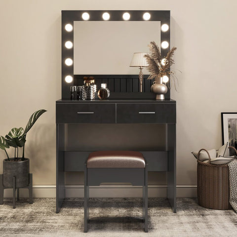 Fidel Vanity Set with Cushioned Stool and Lighted Mirror- Black