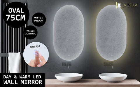 La Bella LED Wall Mirror Oval Touch Anti-Fog Makeup Decor Bathroom Vanity 50 x 75cm