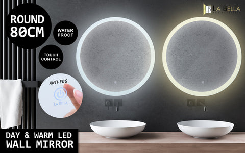 2 Set La Bella LED Wall Mirror Round Touch Anti-Fog Makeup Decor Bathroom Vanity 80cm