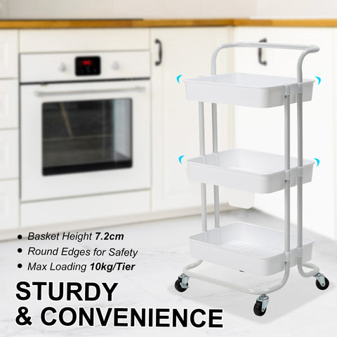 Kandoka 3 Tier White Trolley Cart Storage Utility Rack Organiser Swivel Kitchen