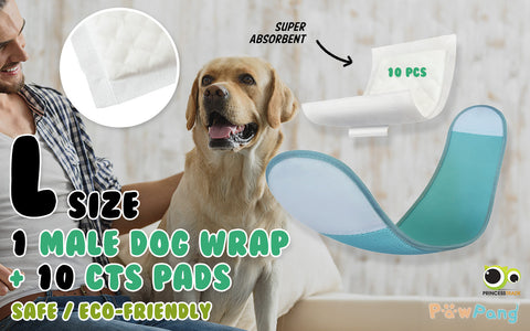 PawPang L Dog Wrap Reusable Male + 10 Ct M Diaper Booster Pads Disposable