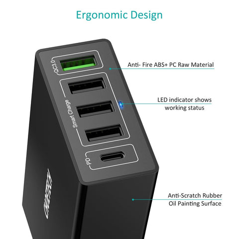 CHOETECH Q34U2Q 5-Port 60W PD Charger with 30W Power Delivery and 18W Quick Charge 3.0