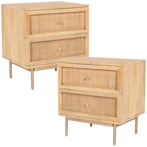 Martina Set of 2 Bedside Table 2 Drawer Storage Cabinet Solid Mango Wood Rattan