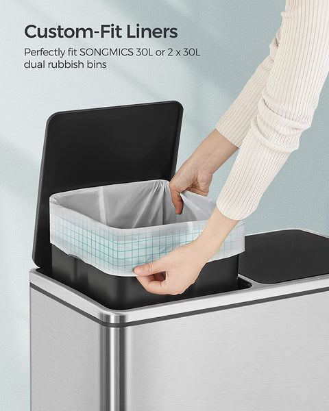 SONGMICS 2-Roll Drawstring Trash Bags Bundle，Suitable for SONGMICS Dual 2 x 30L Rubbish Bin - Leakproof, Strong HDPE, White Garbage Liners