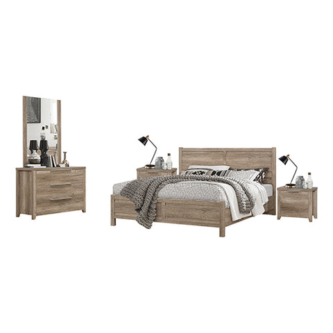 4 Pieces Bedroom Suite Natural Wood Like MDF Structure Double Size Oak Colour Bed, Bedside Table & Dresser