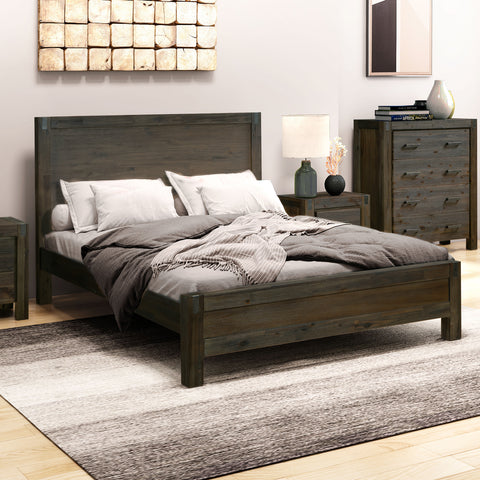 Bed Frame Double Size in Solid Wood Veneered Acacia Bedroom Timber Slat in Chocolate