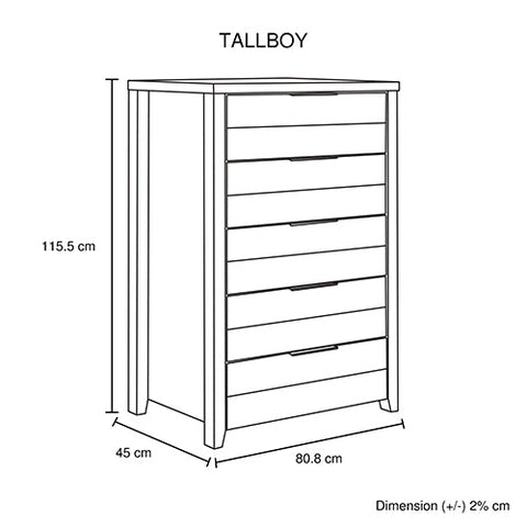 Tallboy with 5 Storage Drawers Natural Wood like MDF in White Ash Colour