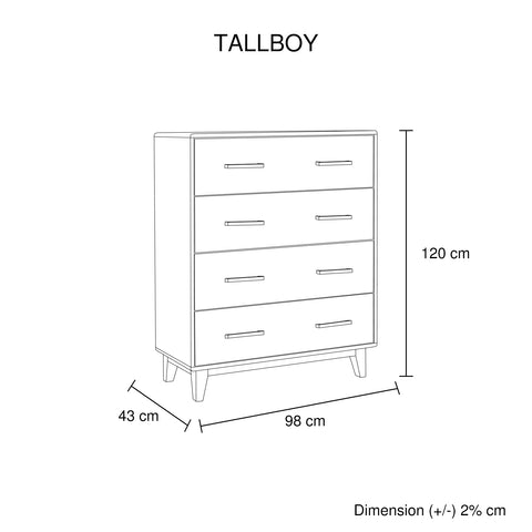 Tallboy with 4 Storage Drawers in Wooden Light Brown Colour