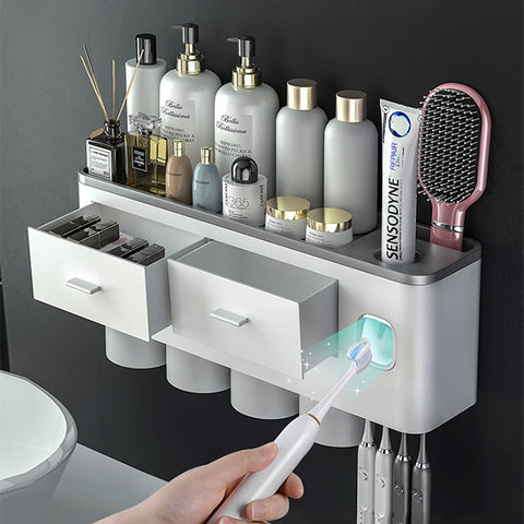 Toothbrush Holders with 3-4 Cups Automatic Toothpaste Dispenser Kit(4 Cups 2 Drawer)