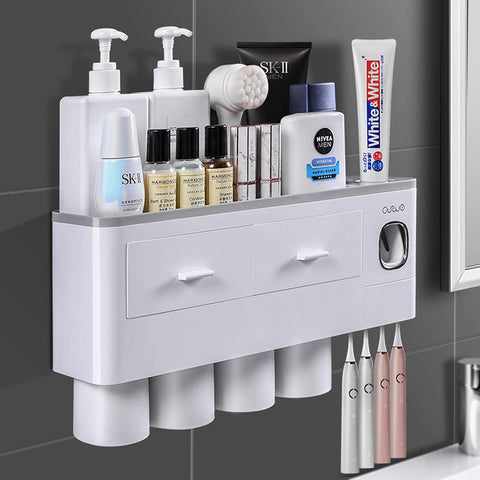 Toothbrush Holders with 3-4 Cups Automatic Toothpaste Dispenser Kit(4 Cups 2 Drawer)