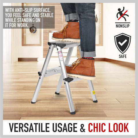 2-Step Portable Folding Ladder, Aluminum Frame Lightweight Home Ladder with Anti Slip Design, 150KG Capacity