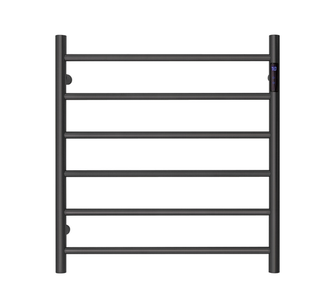 Premium Matte Black Heated Towel Rack with LED control- 6 Bars, Round Design, AU Standard, 650x620mm Wide