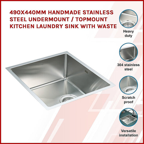 490x440mm Handmade Stainless Steel Undermount / Topmount Kitchen Laundry Sink with Waste