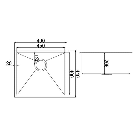 490x440mm Handmade Stainless Steel Undermount / Topmount Kitchen Laundry Sink with Waste