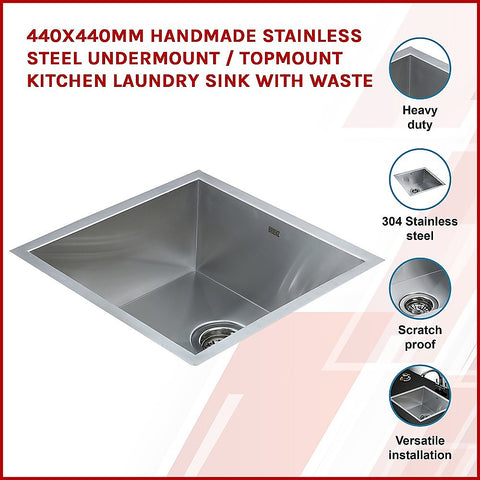 440x440mm Handmade Stainless Steel Undermount / Topmount Kitchen Laundry Sink with Waste