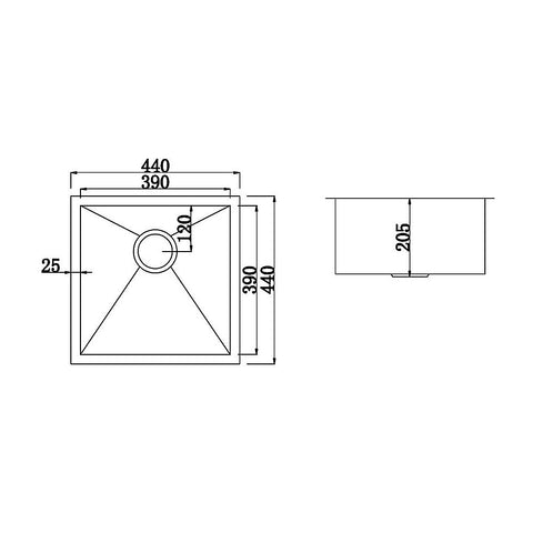 440x440mm Handmade Stainless Steel Undermount / Topmount Kitchen Laundry Sink with Waste