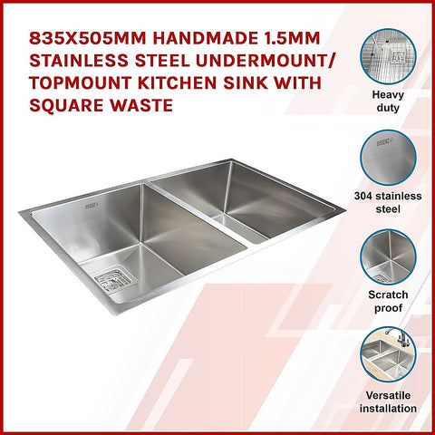 835x505mm Handmade 1.5mm Stainless Steel Undermount / Topmount Kitchen Sink with Square Waste