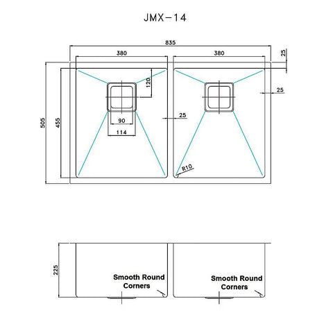 835x505mm Handmade 1.5mm Stainless Steel Undermount / Topmount Kitchen Sink with Square Waste