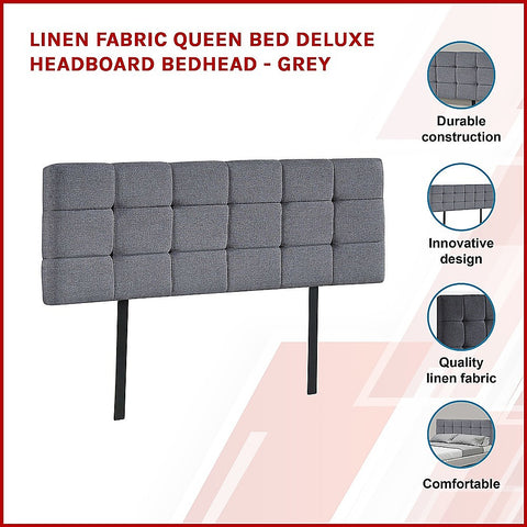 Linen Fabric Queen Bed Deluxe Headboard Bedhead - Grey