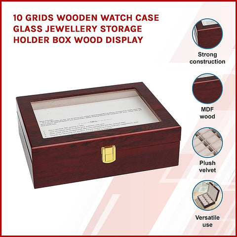 10 Grids Wooden Watch Case Glass Jewellery Storage Holder Box Wood Display