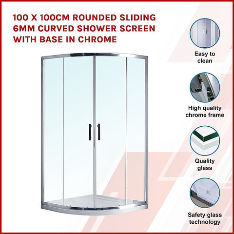 100 x 100cm Rounded Sliding 6mm Curved Shower Screen with Base in Chrome