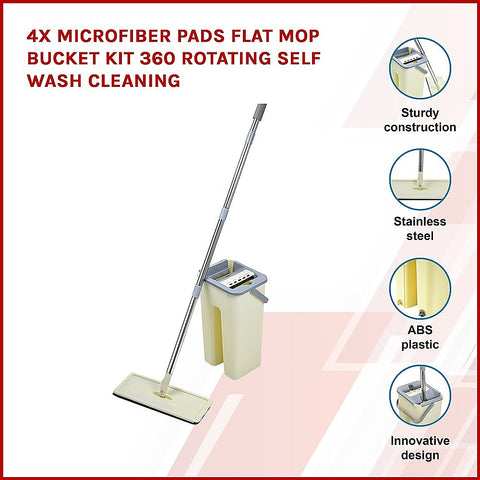 4x Microfiber Pads Flat Mop Bucket Kit 360 Rotating Self Wash Cleaning