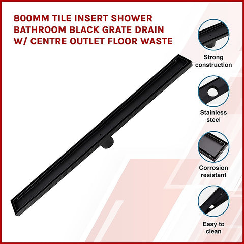 800mm Tile Insert Shower Bathroom Black Grate Drain w/Centre outlet Floor Waste