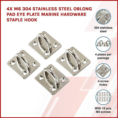 4X M6 304 Stainless Steel Oblong Pad Eye Plate Marine Hardware Staple Hook