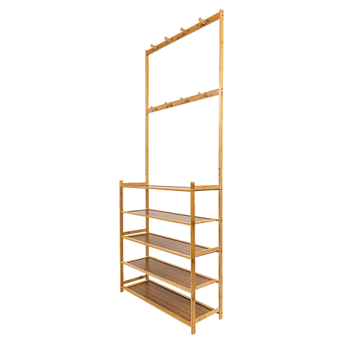 Large Wooden 5 Tiers Hat Coat Stand Clothes Shoe Rack Hanger Hooks Shelf Storage