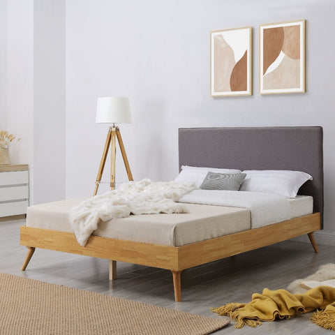 Natural Oak Ensemble Bed Frame Wooden Slat Fabric Headboard Double