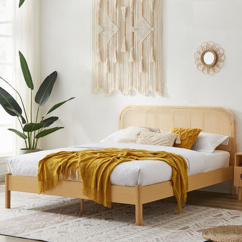 Lulu Bed Frame with Curved Rattan Bedhead - Double